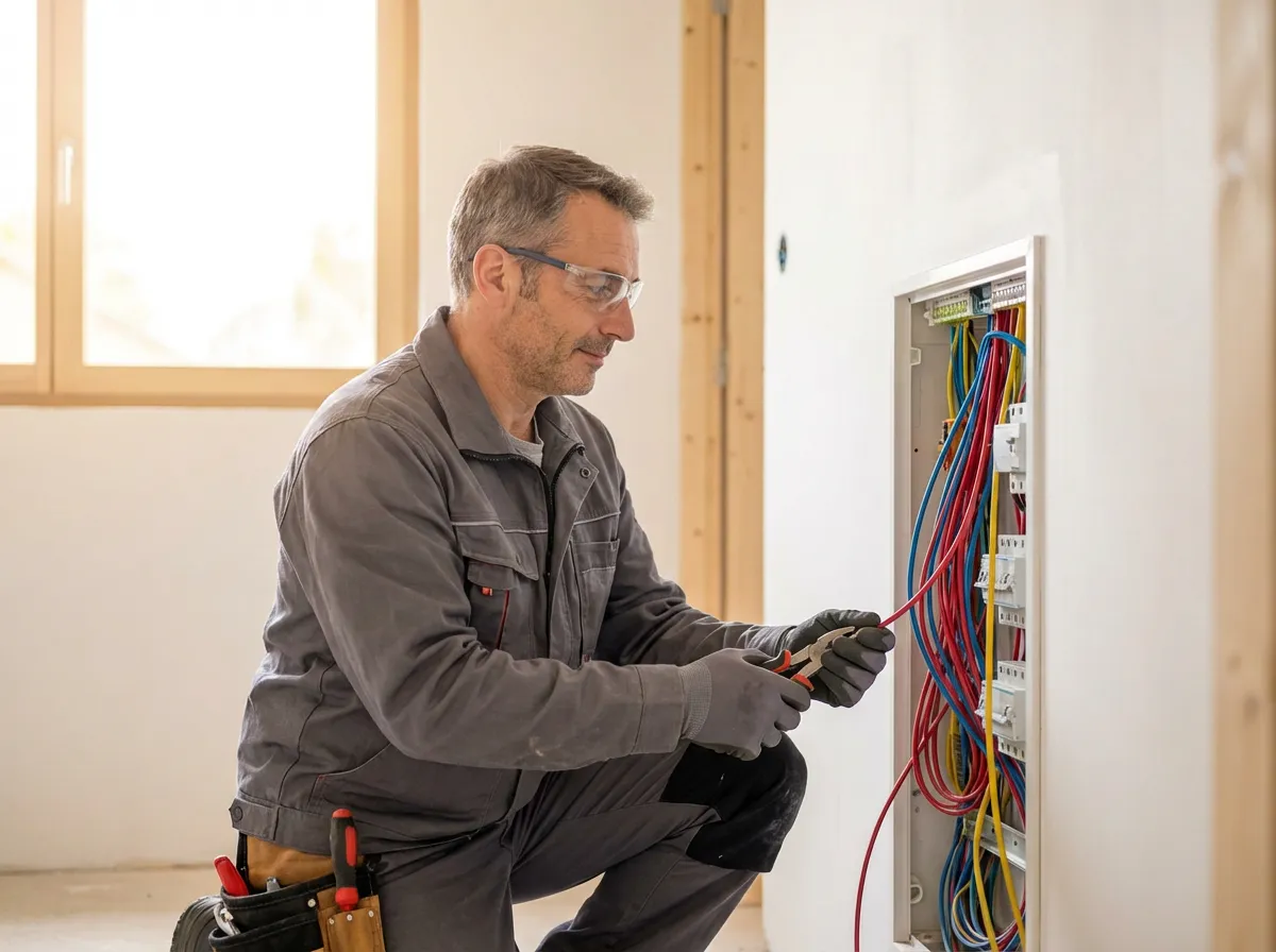 Un électricien concentré sur son tableau électrique, serein car BatiUp gère ses appels